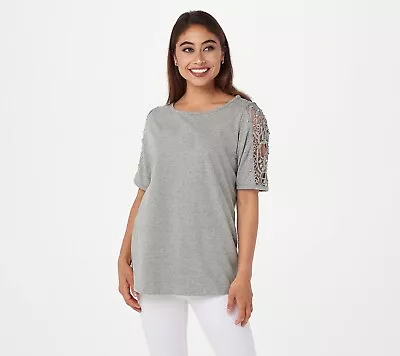 Quacker Factory Lace Sleeve Knit T-shirt With Faux Pearl Detail - Grey XL *NEW* • $24.99