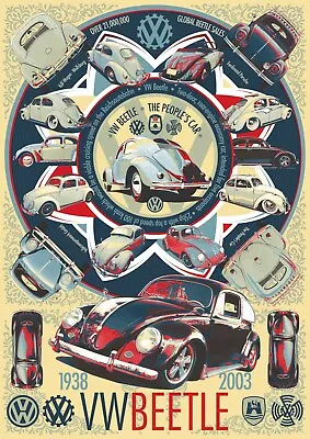 Home Wall Art - Canvas Framed Or Poster Print - VW VOLKSWAGEN BEETLE HISTORY • $8.40