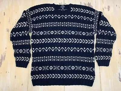 NAUTICA - Handknit Fair Isle Navy Blue Thick Cotton/Wool Sweater Mens XXL • $34.31