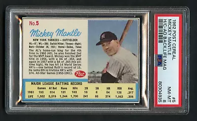 1962 Post #5 Mickey Mantle - Ad Back Life Mag. - PSA 8 (NM-MT) - LOW POP • $105.50