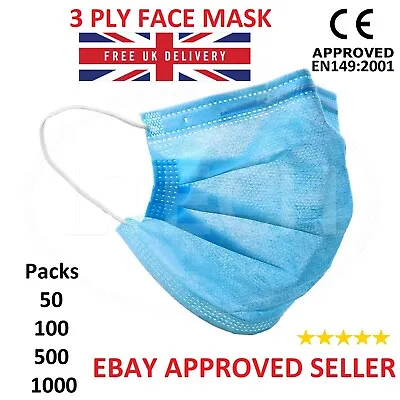Face Mask Non Surgical 3 Ply Disposable Breathable Face Protection Masks 1-100 • £3.99