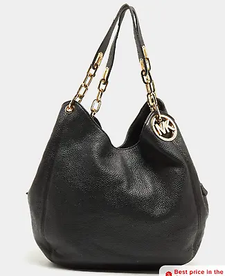 MICHAEL KORS Fulton LARGE Leather Shoulder Bag Satchel Hobo BLACK NWT • $304.28