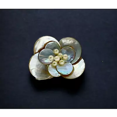 Abalone Pearl Disc Flower Brooch Pin Seed Pearl Center Natural Handwoven Vintage • $15.75