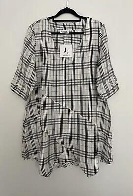 J Generation 100% Linen Gingham V Neck Short Sleeve Blouse Tunic Shirt Size 10 S • $69