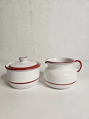 Vintage White With Red Outline Creamer/Pitcher And Sugar Bowl Made In Italy • $20