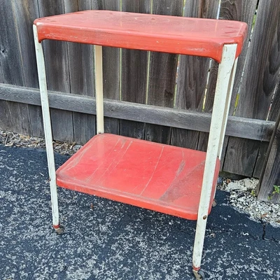 $150 • Buy Vintage MCM Red & White Metal 2 Tier Kitchen Utility Cart Casters