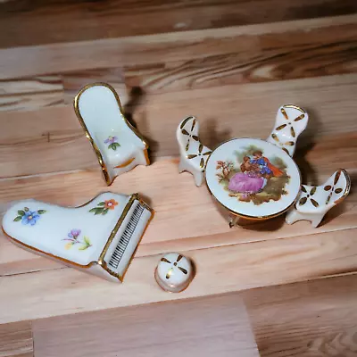 Vintage LIMOGES FRANCE Miniature Porcelain Piano With Painted Table Chairs • $30