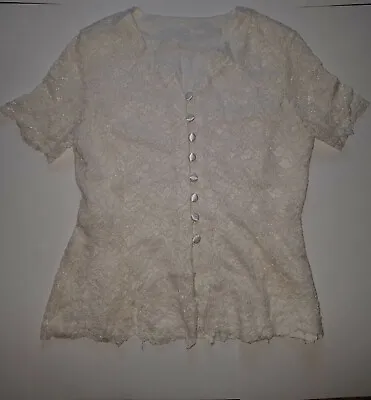 Debenhams Top Size 14 White Crochet Lace Button Front Lined Blouse Short Sleeve • $7.50