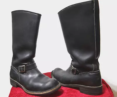 VTG LANGLITZ Mens Black Leather Buckle Engineer Motorcycle Biker Boots 11.5 D • $407.55