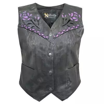 $46 • Buy Xelement XS125077 Women's Black Leather Biker Vest /Rose Inlay And Braid SZ L