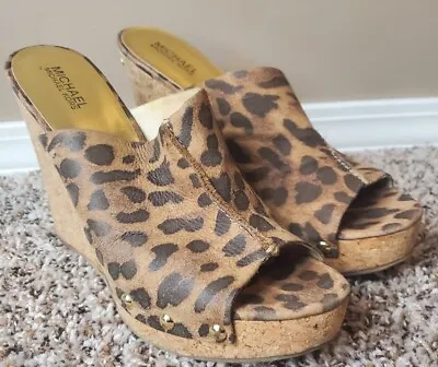 Michael Kors Belinda Leather Leopard Print Cork Slide Mule Heels Size 11M • $44.90