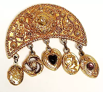 Maxine Denker Etruscan Revival Gold Tone Rhinestone Dangle Charm Locket 2 1/4  • $78