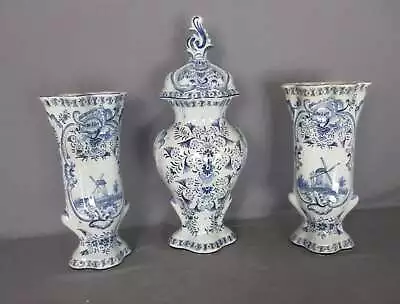 3 Pcs Delft Blue Pottery Garniture Set 2 Trumpet Vases Matching Covered Urn • $245.25