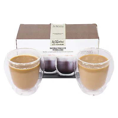 Set Of 2 Double Wall Insulated Coffee Glasses 250ml Cappuccino Cups Tea Mugs • £14