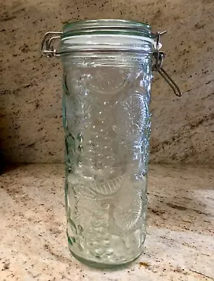 VINTAGE Green GLASS STORAGE Container CANISTER FRUIT JAR EMBOSSED WIRE BALE 10” • $29