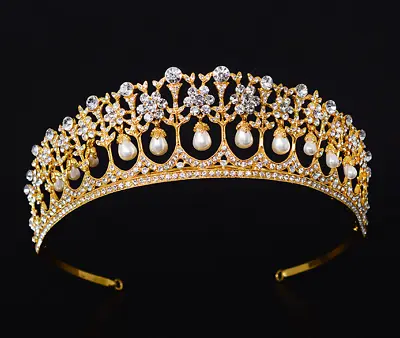 $16.99 • Buy Vintage Gold Plated Queen Princess Diana Crown Crystal Pearl  Bride Tiara 