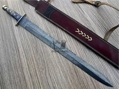 CUSTOM Handmade Damascus Steel Double Edge VIKING Sword Battle Ready With Sheath • $99.99