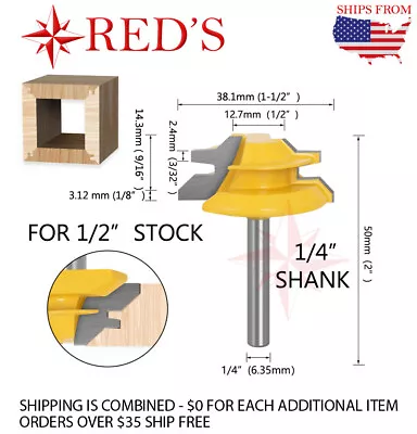 REDS Y75845-4- 45 Degree-Up To 1/2  Stock Lock Miter Joint Router Bit 1/4  Shank • $5.99
