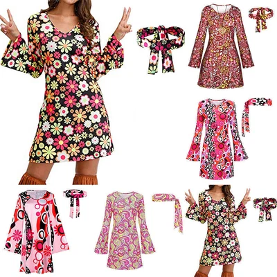 Lady Hippie 60s Hippy Flower Dressing Up Costume Swing Dress Outfits Halloween • £12.71