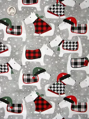 Christmas Dog Fabric Scottie Dogs In Hats Snowflake Toss Gray Cotton 25  Length • $7.94