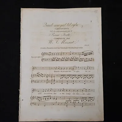 Antique Songsheet QUANDO MIRO QUEL BEL CIGLIO Mozart  C.1828 • $14.93