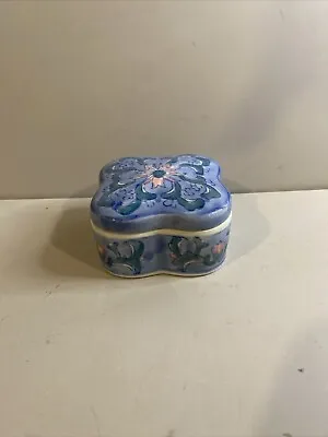 Vintage Trinket Box Ceramic Butterfly Shaped Hand Painted Blue & White And Pink • $14