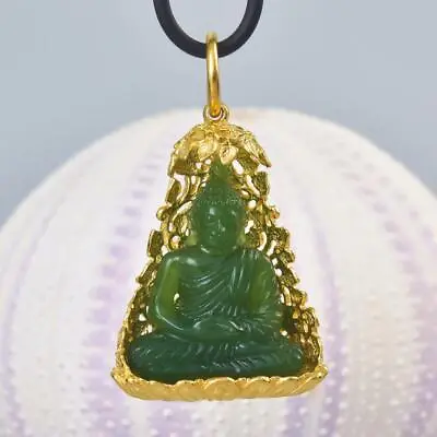 Buddha Image Gold Vermeil Sterling Bodhi Tree Green Chalcedony Pendant 12.63 G • $282