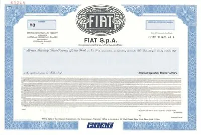 Fiat S.p.A. - Specimen Stock Certificate - Specimen Stocks & Bonds • $180