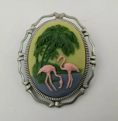 Vtg 2  Raised Relief Pink Flamingo Palms Bezel Polymer Brooch Pendant Combo  • $18