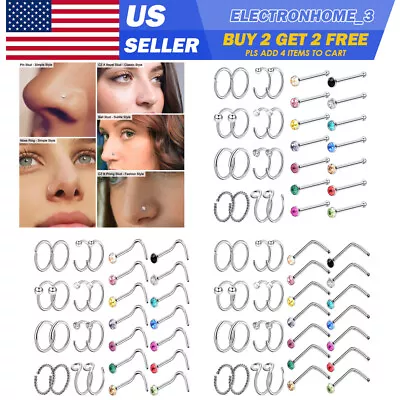 30PCS Surgical Steel Nose Ring Hoop Colorful CZ Nose Stud Nostril Piercing 20G • $6.99