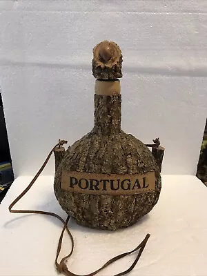 10 In Tall Wood Bark Over Glass Wine Bottle W/ Stopper And Leather Cord Portugal • $16.99