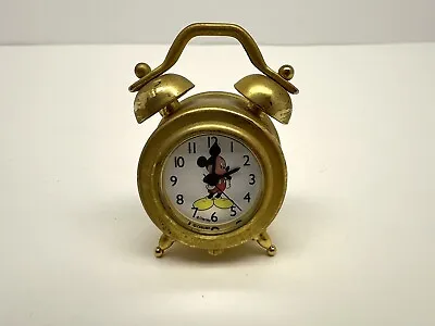 Vintage Disney Mickey Mouse Miniature Brass Gold Tone Alarm Clock Desk Watch 2’’ • $8.99