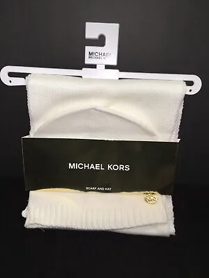 MICHAEL KORS Women’s WHITE SCARF & BEANIE HAT 2 Pc Set Ribbed $98 MSRP NWT • $42.96