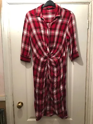 Zara Size L Red Tartan Shirt Dress Knot / Twist Front • £30