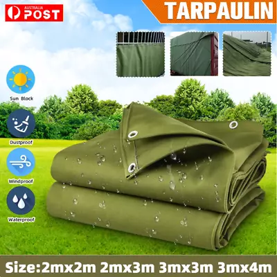 4 Size Army Heavy Duty Waterproof Canvas Tarp Tarpaulin Sun Blocked Dustproof AU • $39.99