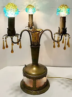 VTG Art Deco Brass Amber Glass Electric 3 Arm Candelabra Table Lamp Lighted Base • $279.99