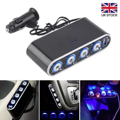 4 Way 12V Multi Car Cigarette Splitter Lighter Socket USB Plug Charger Adapter • £9.99