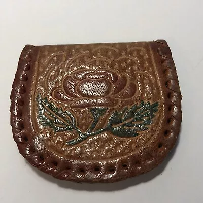 Vtg Handmade Leather Expandable Change Purse Pouch Snap Closure Floral Design • $12.95