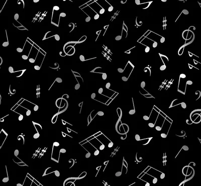 Jazz Fabric - Gray And White Music Note Toss On Black - Elizabeth Studio YARD • $10.98