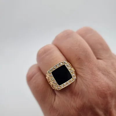£1025 • Buy Vintage 18ct Yellow Gold Diamond And Black Onyx Halo Square Signet Ring 750 18K