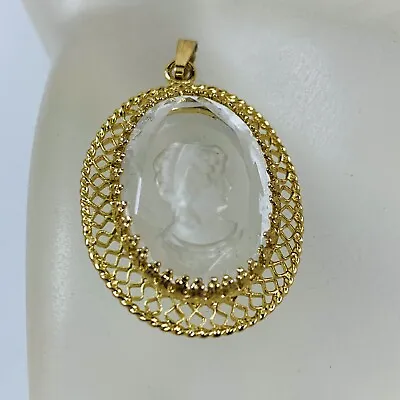 Beautiful Vintage Oval Glass INTAGLIO CAMEO Gold Tone Filigree Pendant • $26.99