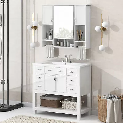 36'' Bathroom Vanity With Top Sink Modern Mirror Cabinet With Towels Barwhite • $688.66