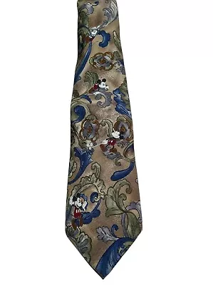 Golfing Mickey Mouse Tie The DISNEY STORE Men's SILK NECKTIE Tan W/ Blue Green • $10.95