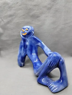 Vintage Retro Blue Monkey Statue Smooth High Gloss Ceramic Animal  • $18