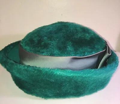 Vtg 50's-60's Sonni*lovely!! Green Furry Felted Wool Round Breton Bow Banded Hat • $27.99