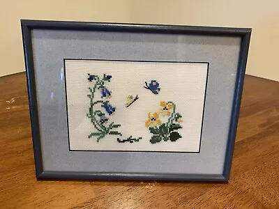 Vtg Needlework Spring Flowers & Butterflies Framed Matted Cross Stitch Picture • $15