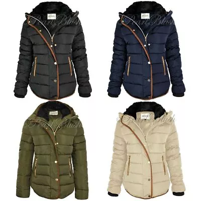 Womens Ladies Quilted Winter Coat Puffer Fur Collar Hooded Jacket Parka Size • £29.99