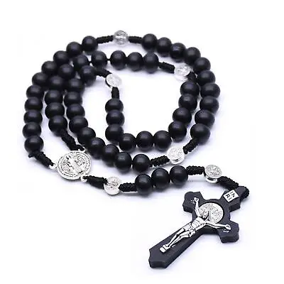 Wooden Rosary Cross Pendant Prayer Beads Cross Necklace Beads For Women Men • £5.69
