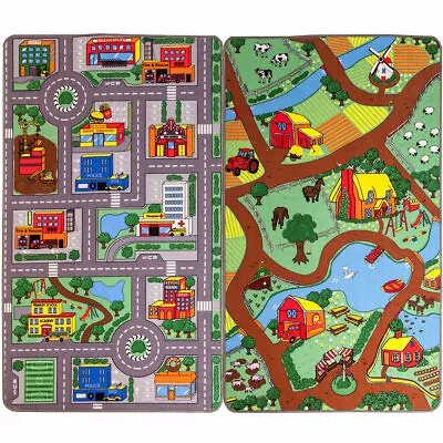 Childrens Kids Reversible Road Map Farm Animal Cars Play Mat Rug 80cm X 120cm • £28.99