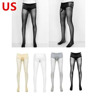US Men's Stockings Skinny Pantyhose Pouch Sheer Lace Patchwork Tights Underwear • $3.73